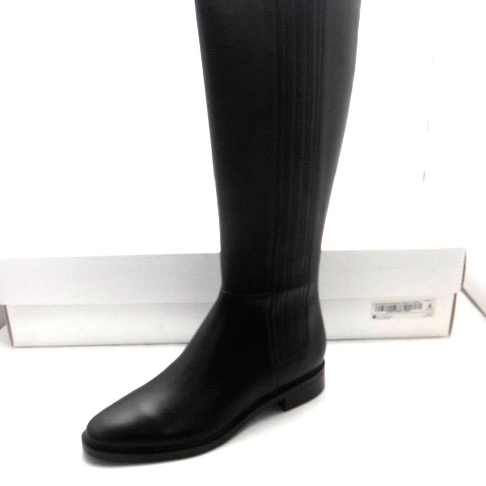 Calvin Klein Finley Cow Silk Black Leather Knee Boots Size 5 M Gold Back Zip